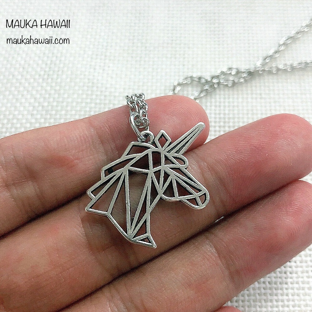 Geometric Silver Stainless Unicorn Horse Pendant Necklace 18” Cuban Chain New!